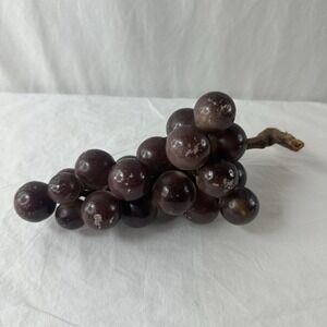 Vintage Italian Alabaster Stone Fruit Grapes Purple Brown Cluster Wood Stem 9"